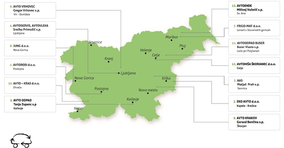 Zemljevid z lokacijami članov GIZ Agencije avtoserviserjev
